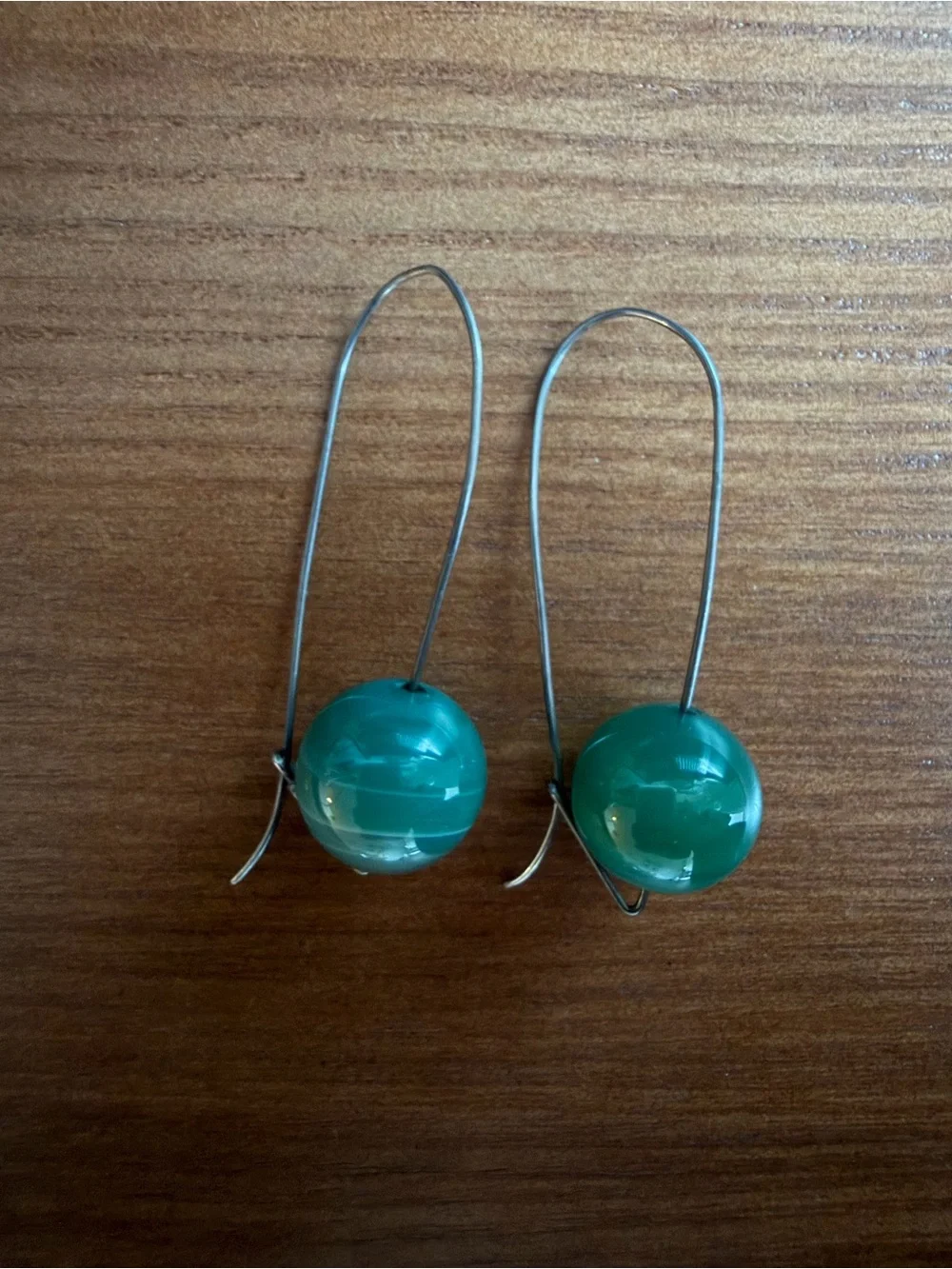 Teal Glass Bead Drop Earrings - Minimal Wire Hook - Blue Green Hue